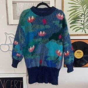 Vintage Hand Knit Lily Pad Flower Monet Inspired Sweater One of a Kind Rare